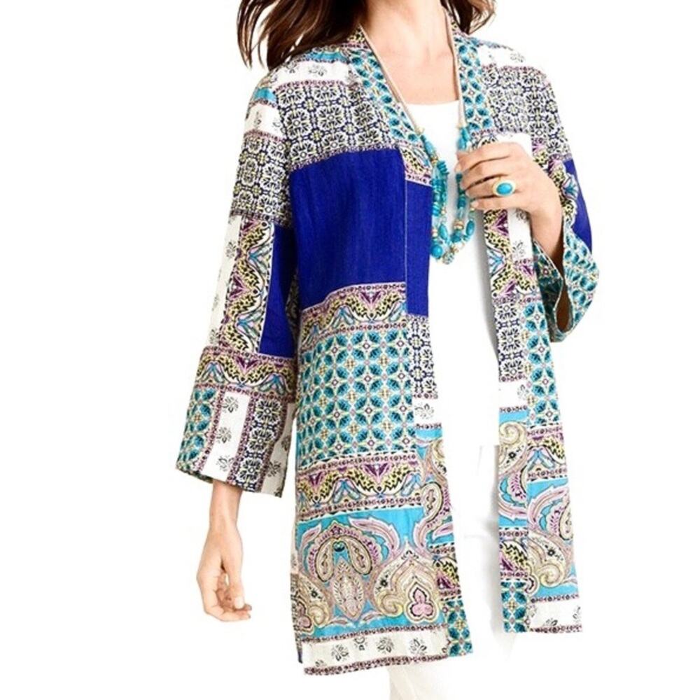 Chico’s 100% Linen Size 2 Large Paisley Patchwork Open Front Lightweight Jacket